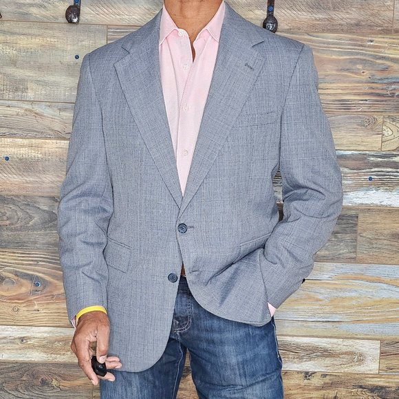 Vintage Izod USA Wool Blend Gray Check Blazer Sport Jacket Size 41R